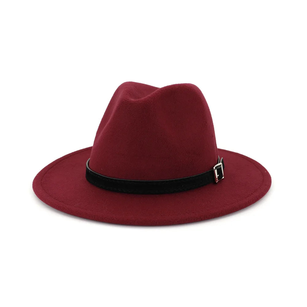 QBHAT Men Women Wide Brim Wool Felt Fedora Panama Hat With Belt Buckle Jazz Trilby Cap Party Formal Top Hat in White,black