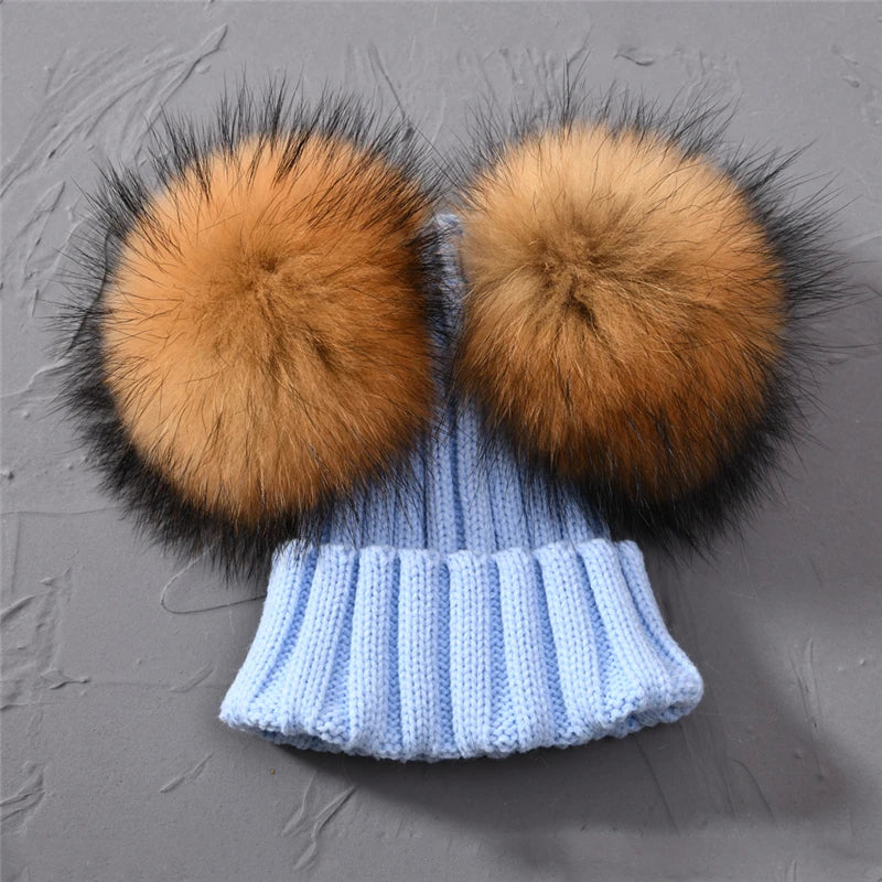 Gorro de punto para bebé de invierno con dos pompones de piel, gorro con bolas de piel natural para niños y niñas, gorro infantil con doble pompón de piel real