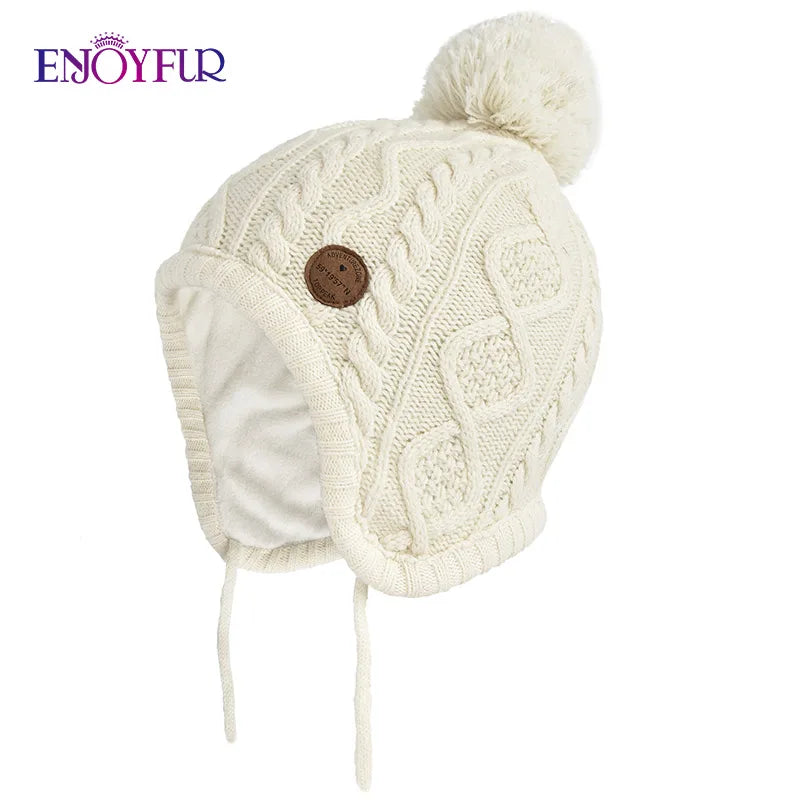 ENJOYFUR Kids Winter Knit Hats for Girl Boy Natural Fox Fur Pompom Children Bonnets Warm Thick Cute Baby Outdoor Earflap Beanies