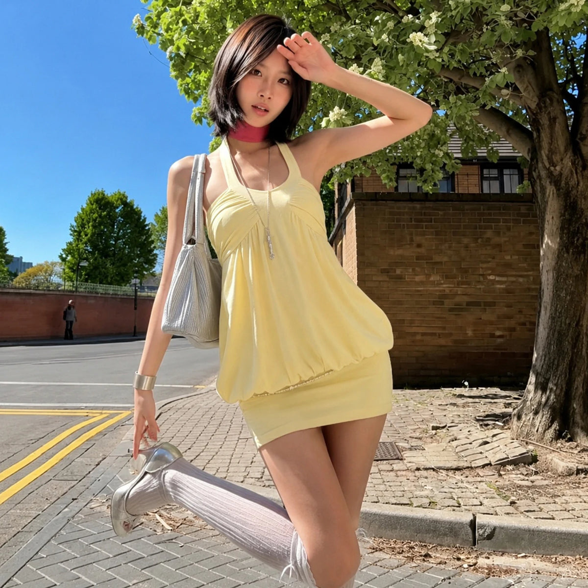 Women's Solid Yellow Halter Neck Bodycon Mini Dress Backless Sleeveless Loose Plus Size Summer Vacation Party Eco-Friendly