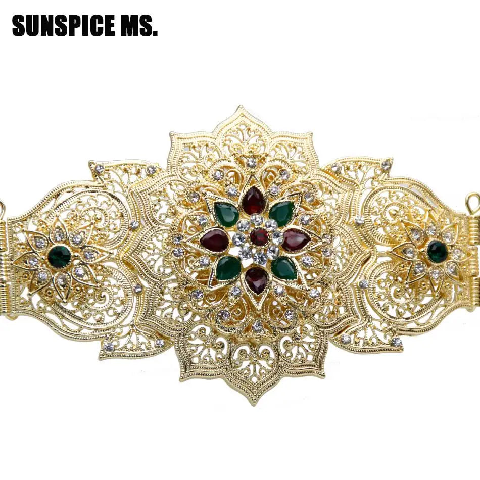 Sunspicems Gold Color Moroccan Caftan Belt for Women Dress Waist Chain Belt Arabic Bride Wedding Jewelry Robe Sash Body Chain