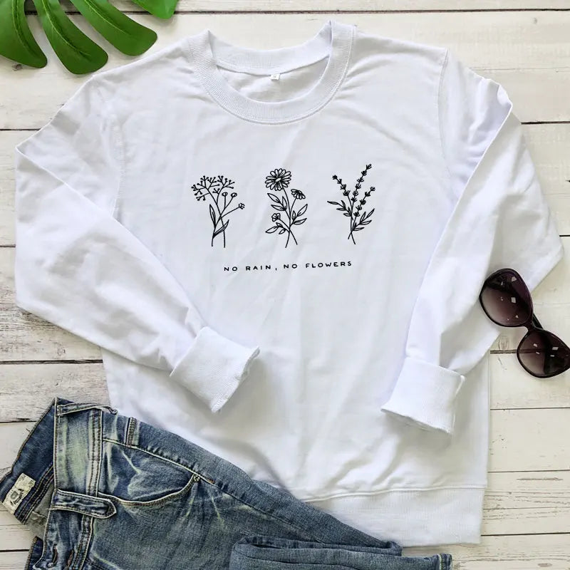 No Rain No Flowers Sweatshirts Vintage 80s Style Floral Print Hoodies Autumn Women Inspired Graphic Jumper Pullover Streetwear