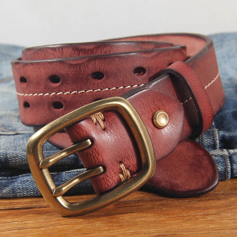 Cinturón vintage para hombre de 3.8 cm de ancho, estilo doble hebilla, 100% piel de vaca, hebilla de doble punta, cinturón resistente hecho a mano, cinturón de moda para jeans, color marrón