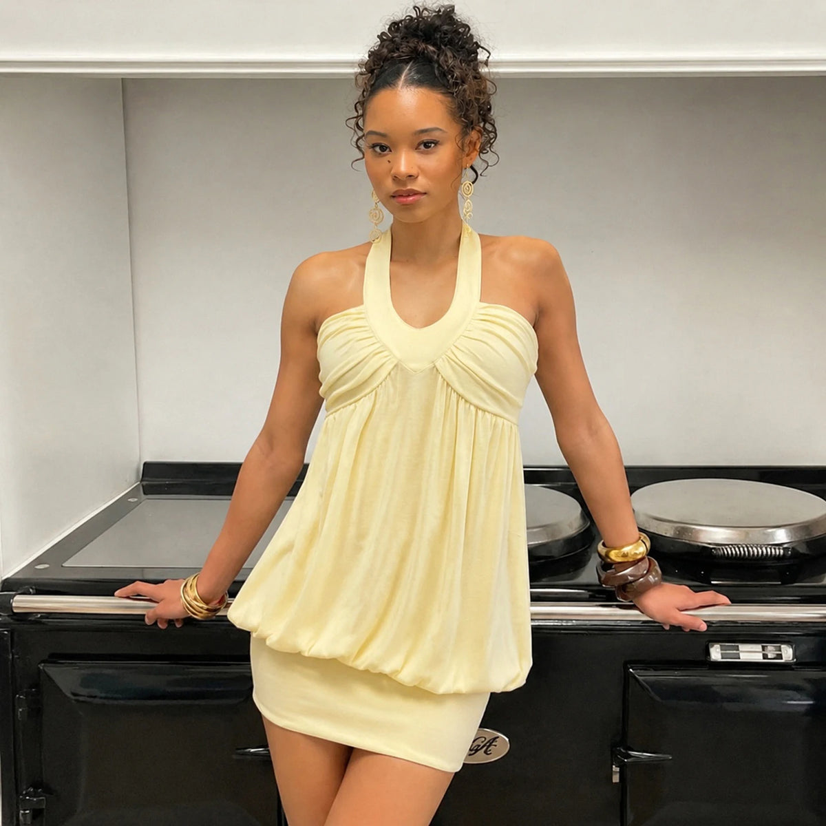 Women's Solid Yellow Halter Neck Bodycon Mini Dress Backless Sleeveless Loose Plus Size Summer Vacation Party Eco-Friendly