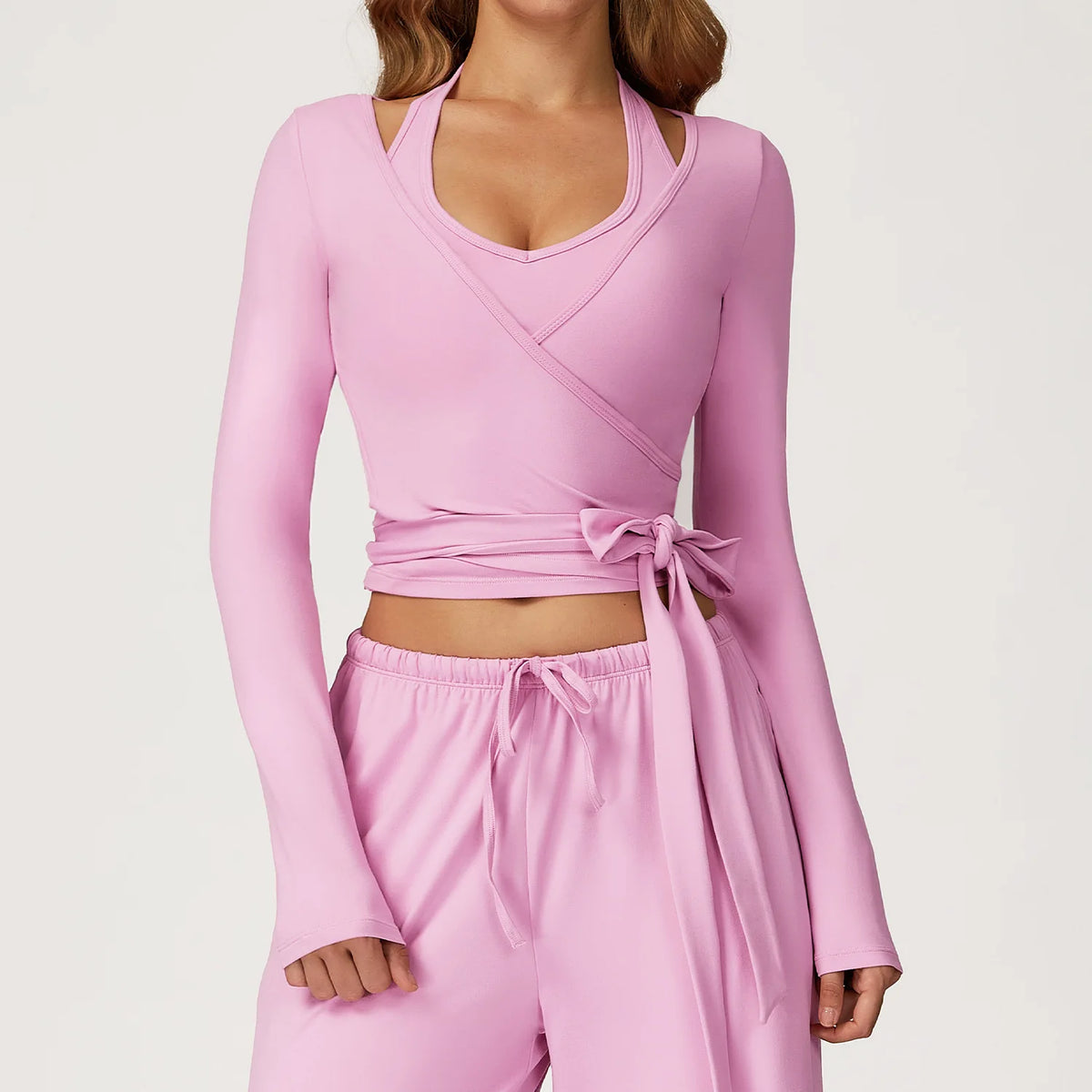 Women's Brushed Wrap Tie Long Sleeve Yoga Top Halter V-Neck Slim Fit Workout Fitness Sportswear