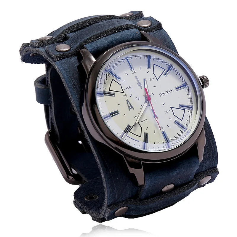 Reloj de pulsera de cuarzo para hombre 2025, reloj de moda con correa de piel de vacuno, estilo punk vintage, reloj grande y redondo con brazalete de piel auténtica ancha