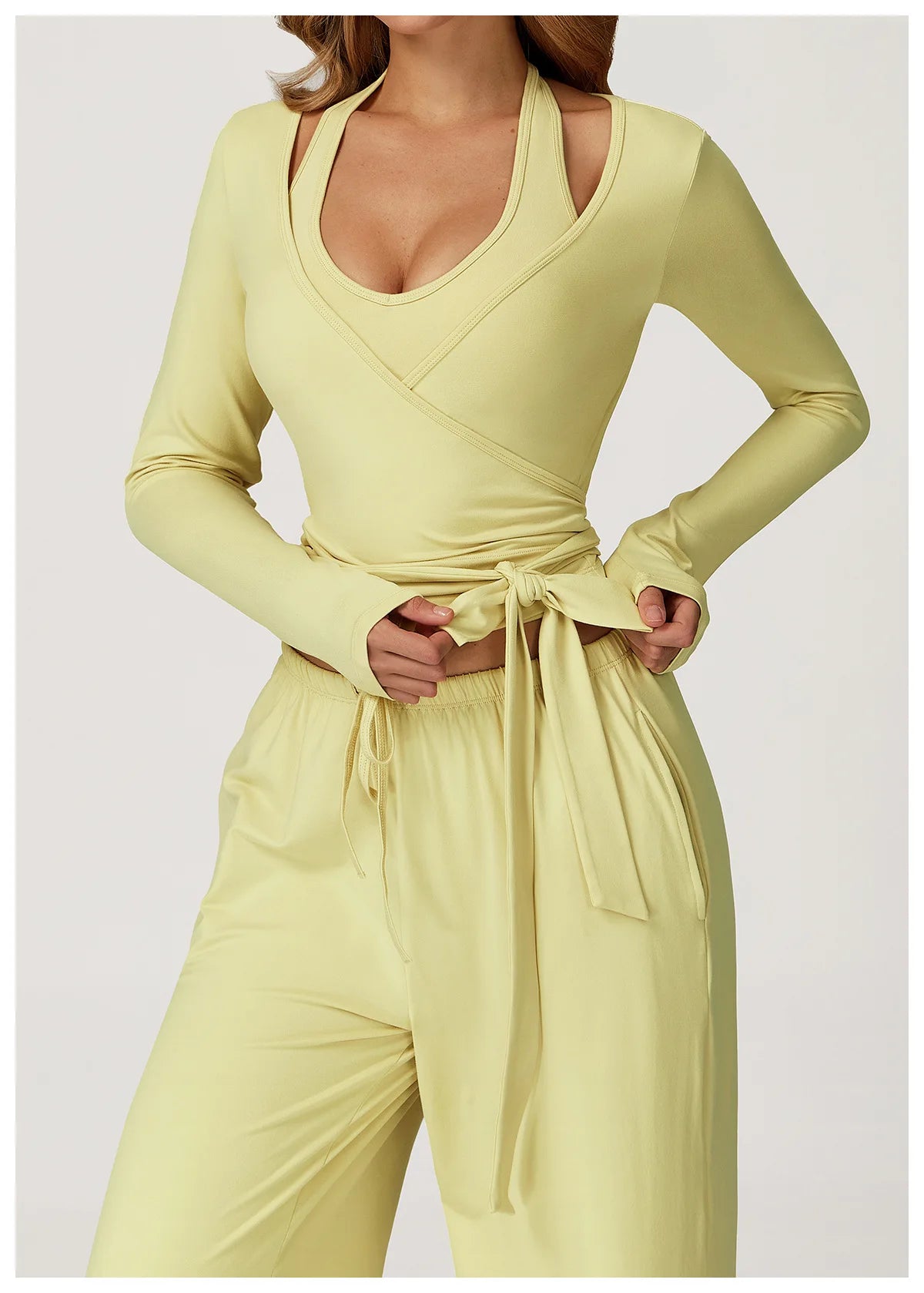 Women's Brushed Wrap Tie Long Sleeve Yoga Top Halter V-Neck Slim Fit Workout Fitness Sportswear