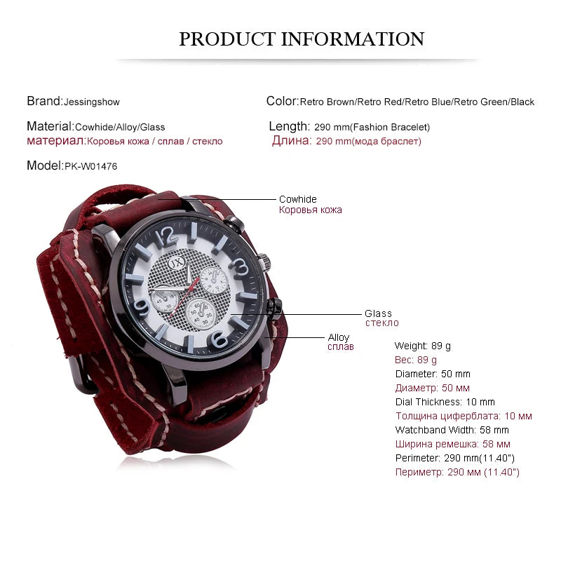 Reloj de pulsera retro para hombre, correa ancha de cuero genuino, reloj de cuarzo de estilo punk a la moda, brazaletes de piel de vaca 2025