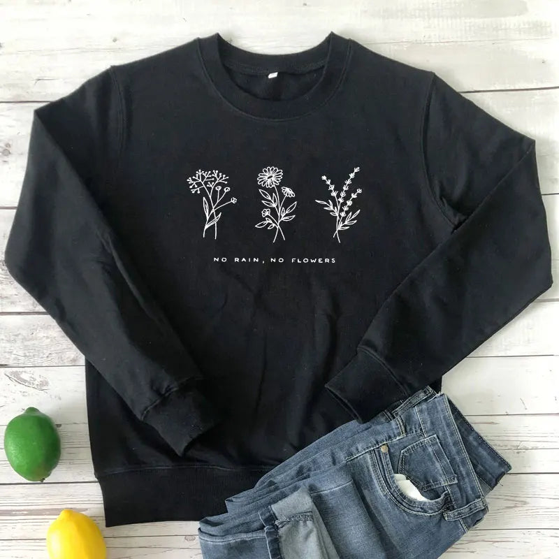 No Rain No Flowers Sweatshirts Vintage 80s Style Floral Print Hoodies Autumn Women Inspired Graphic Jumper Pullover Streetwear