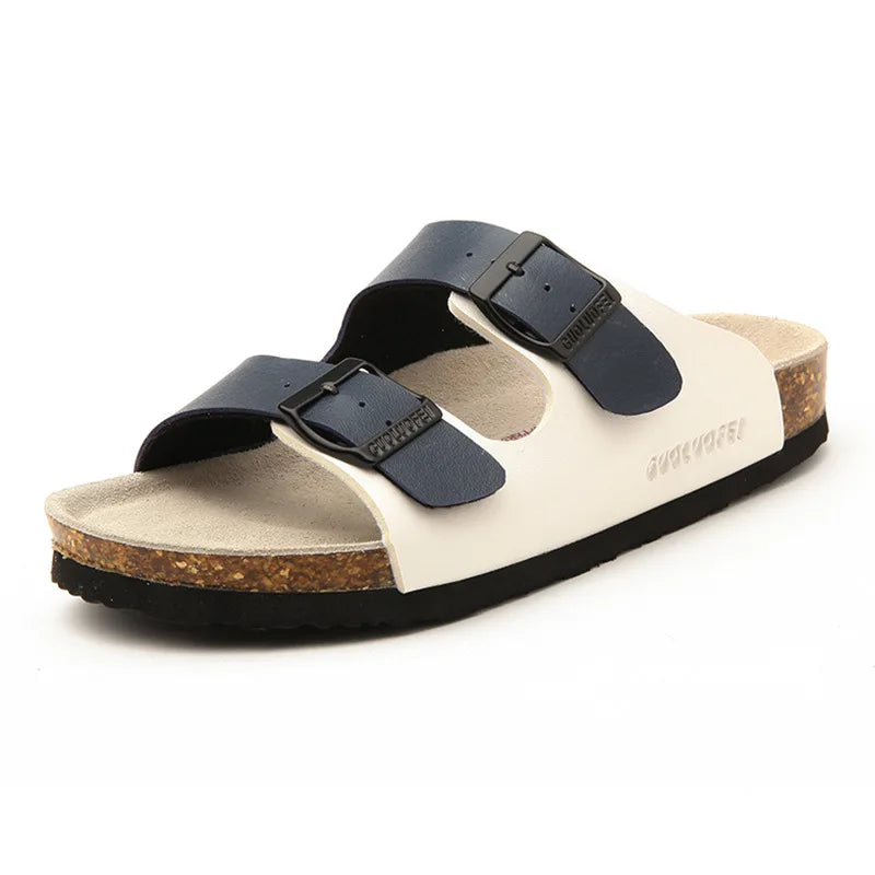2022 New Men's PU Leather Mule Clogs Slippers High Quality Soft Cork Two Buckle Slides Footwear for Men Women Unisex 35-46