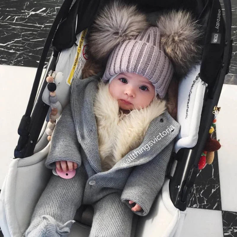 Gorro de punto para bebé de invierno con dos pompones de piel, gorro con bolas de piel natural para niños y niñas, gorro infantil con doble pompón de piel real