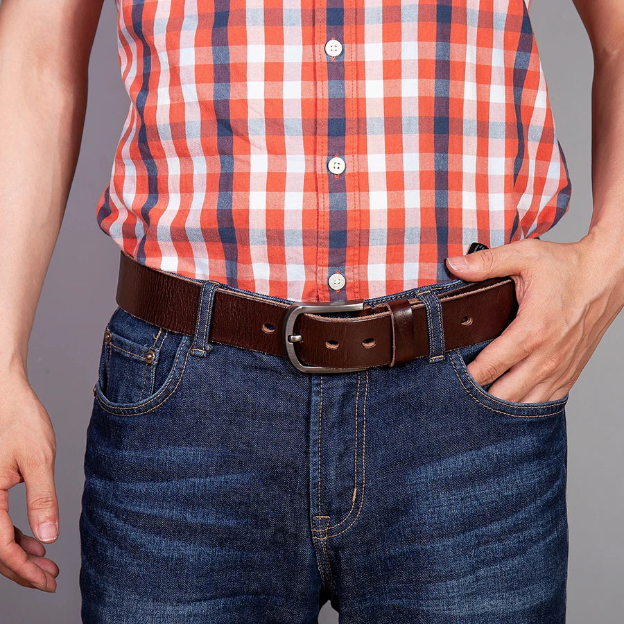 Cinturones de piel auténtica de vaca para hombre, diseño de lujo, estilo de moda de alta calidad, cinturón vaquero vintage para hombre, color marrón
