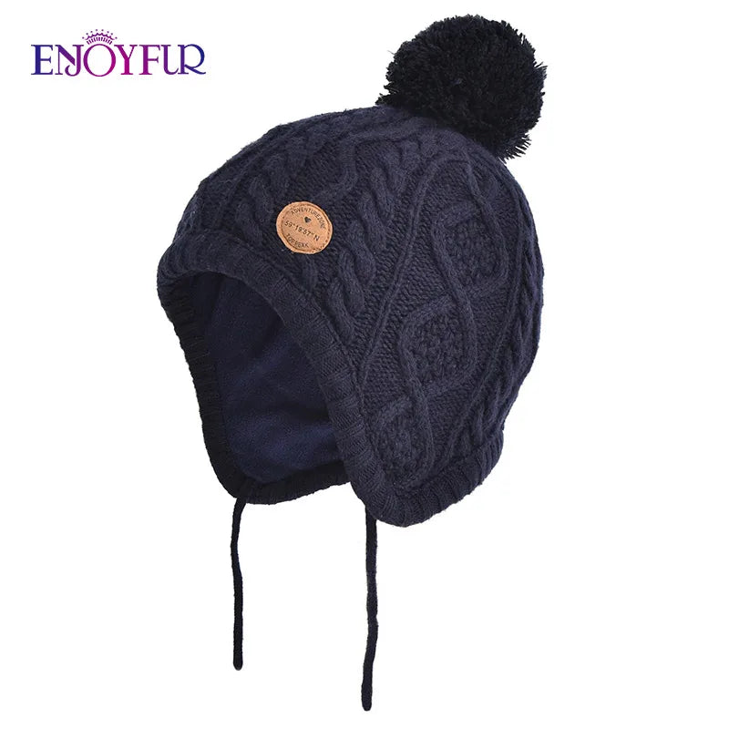 Gorro de punto de invierno ENJOYFUR para niños y niñas con pompón de piel de zorro natural, gorro cálido y grueso con orejeras para bebé
