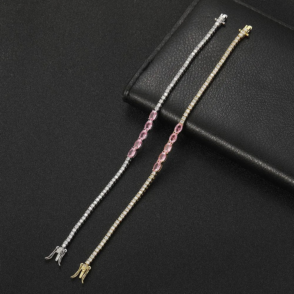 Pulsera de tenis geométrica AceWings de 2 mm con circonitas cúbicas rosas y transparentes, chapada en oro