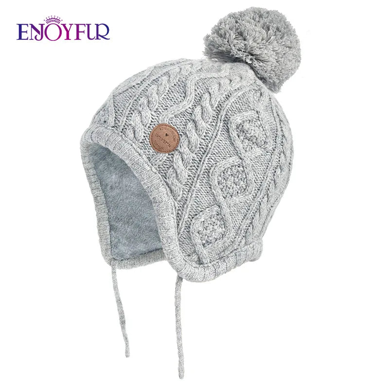 Gorro de punto de invierno ENJOYFUR para niños y niñas con pompón de piel de zorro natural, gorro cálido y grueso con orejeras para bebé