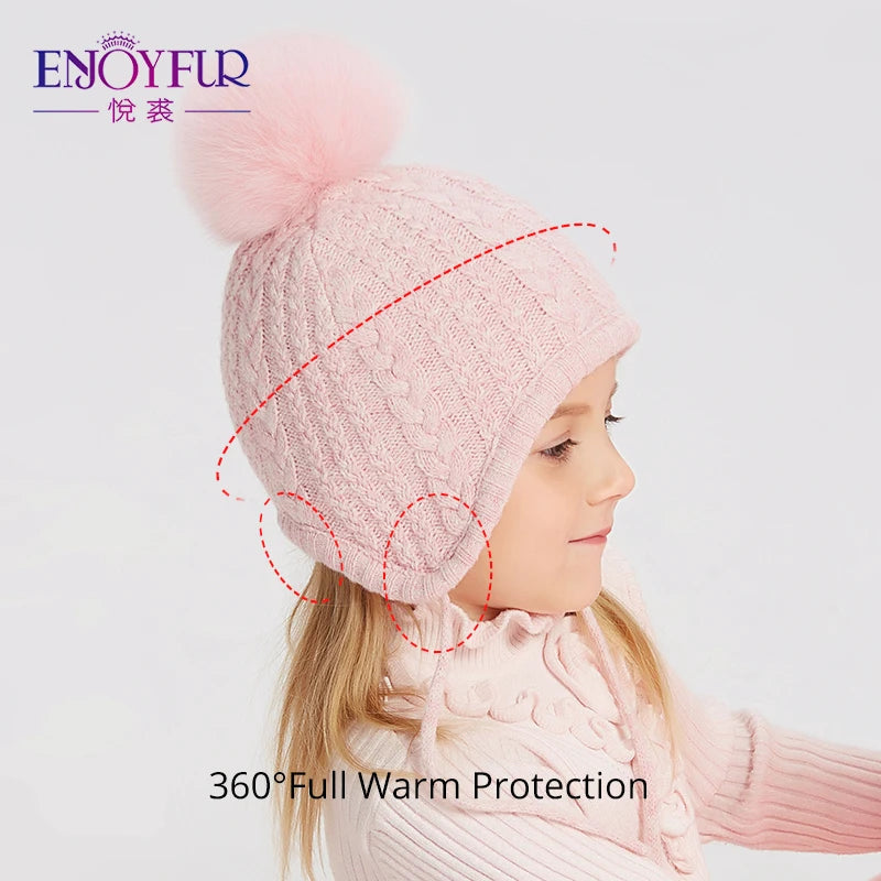 ENJOYFUR Kids Winter Knit Hats for Girl Boy Natural Fox Fur Pompom Children Bonnets Warm Thick Cute Baby Outdoor Earflap Beanies