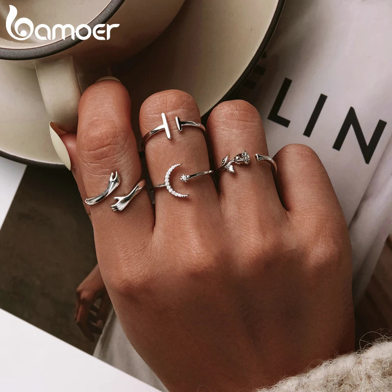 BAMOER 925 Sterling Silver 3D Thorns and Rose Adjustable Finger Rings for Women Plated Black Gold Flower Ring 2 Colors BSR065