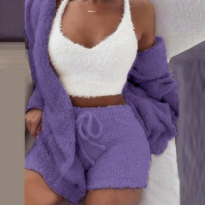 Knit Sleepwear Pajamas for Women's Lingerie 3 Piece Set