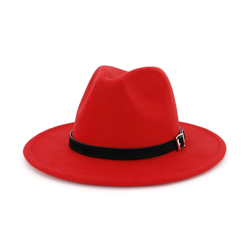 QBHAT Men Women Wide Brim Wool Felt Fedora Panama Hat With Belt Buckle Jazz Trilby Cap Party Formal Top Hat in White,black