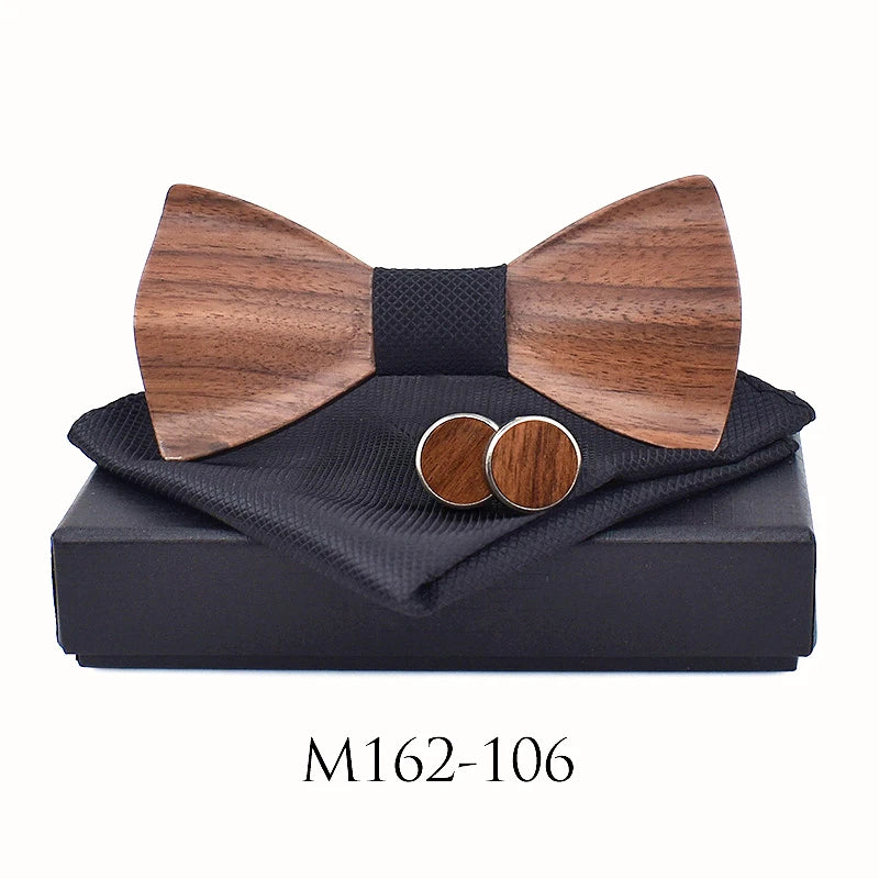 3D Wooden Bow Tie Set for Men Handmade Geometric Wedding Bowtie Pocket Square Cufflinks