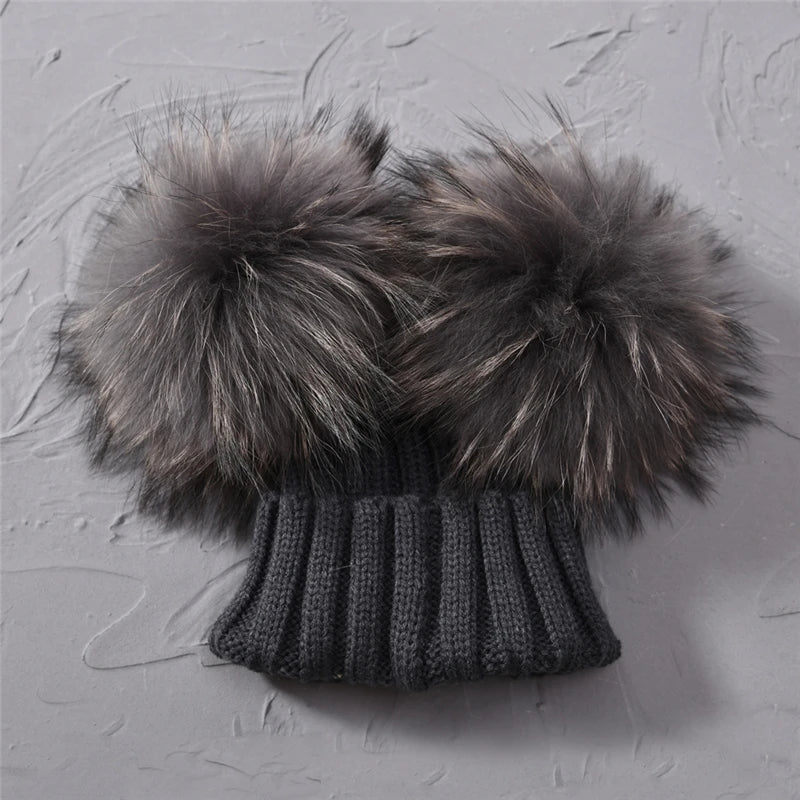Gorro de punto para bebé de invierno con dos pompones de piel, gorro con bolas de piel natural para niños y niñas, gorro infantil con doble pompón de piel real