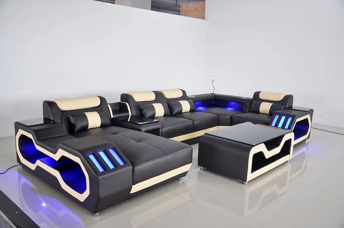 Furniture Factory Provided Living Room Sofas Modern Style Genuine Leather Sofa  U Shaped Corner Sofa Design Led Light Set Cx001