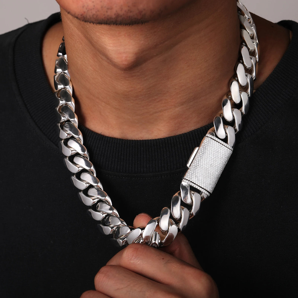 Collar de cadena cubana Miami de lujo estilo hip hop, eslabones de 10mm-22mm de plata de ley 925 maciza con diamantes de moissanita tipo "iced out" y cierre de hebilla