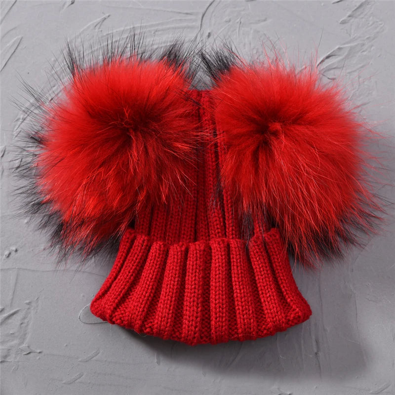 Gorro de punto para bebé de invierno con dos pompones de piel, gorro con bolas de piel natural para niños y niñas, gorro infantil con doble pompón de piel real