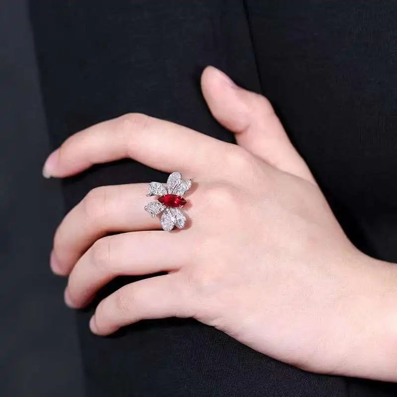SGARIT Gemstone Jewelry Ruby Butterfly Ring AIGS Certificate 18K White Gold 1.55CT Marquise Shape Natural Red Ruby Design Ring