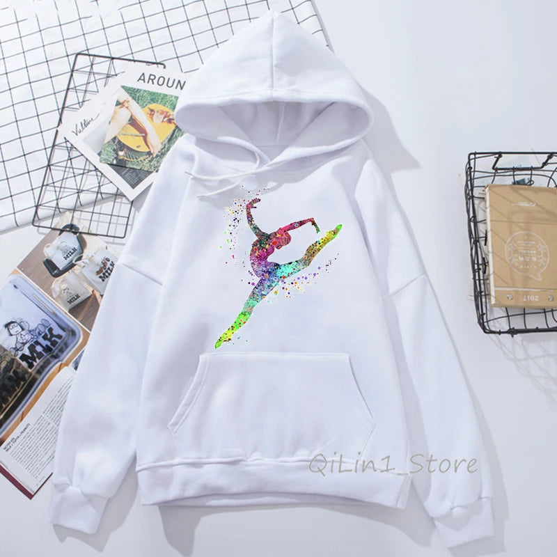 Bluza z kapturem w stylu Harajuku Kawaii z akwarelowym nadrukiem gimnastyczki, styl lat 90. Tumblr, odzież sportowa damska