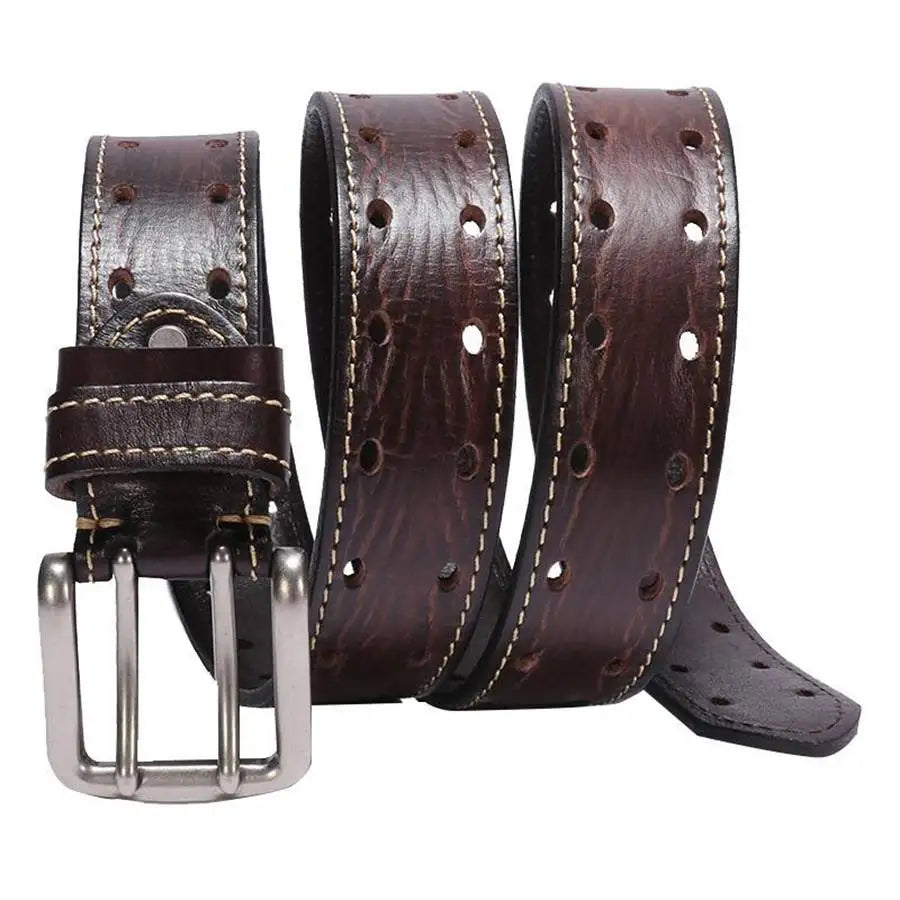 Cinturón de cuero de doble hebilla para hombre, cinturones de cuero nuevos para hombre, cinturón clásico de doble hilera de agujeros, cinturón universal calado para vaqueros