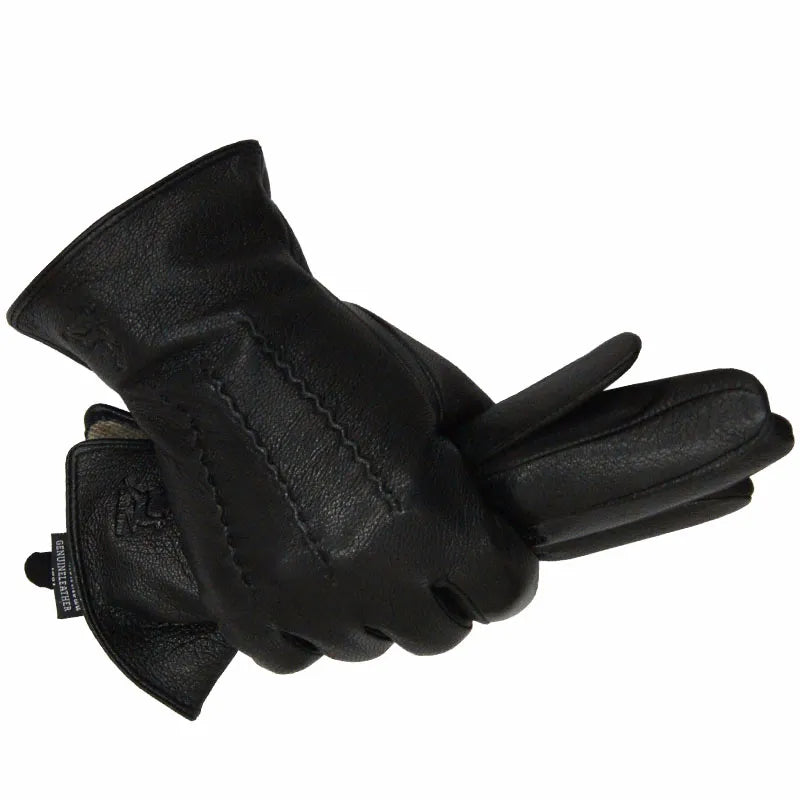 Winter Men Deer Skin Leather Gloves Male Warm Soft Black Sewing Design Men Mittens Imitate Rabbit Hair 70% Wool Lining-07