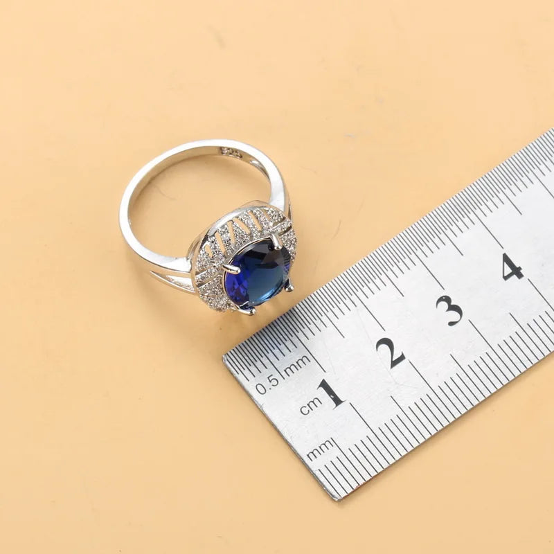 Wedding Sapphire Jewelry Set for Women Halo Pendant Necklace Earrings Ring 925 Sterling Silver Blue Gemstone Bridal Party Gift