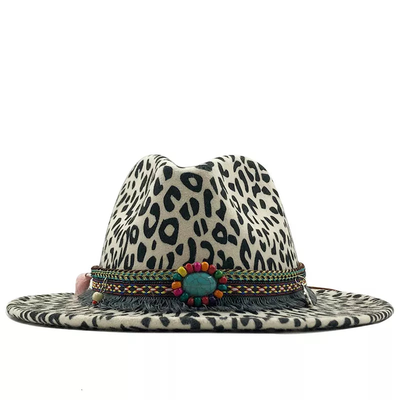 Trend Unisex Flat Brim Wool Felt Jazz Fedora Hats Men Women Leopard Grain Tassel Band Decor Trilby Panama Formal Hats 58-60cm