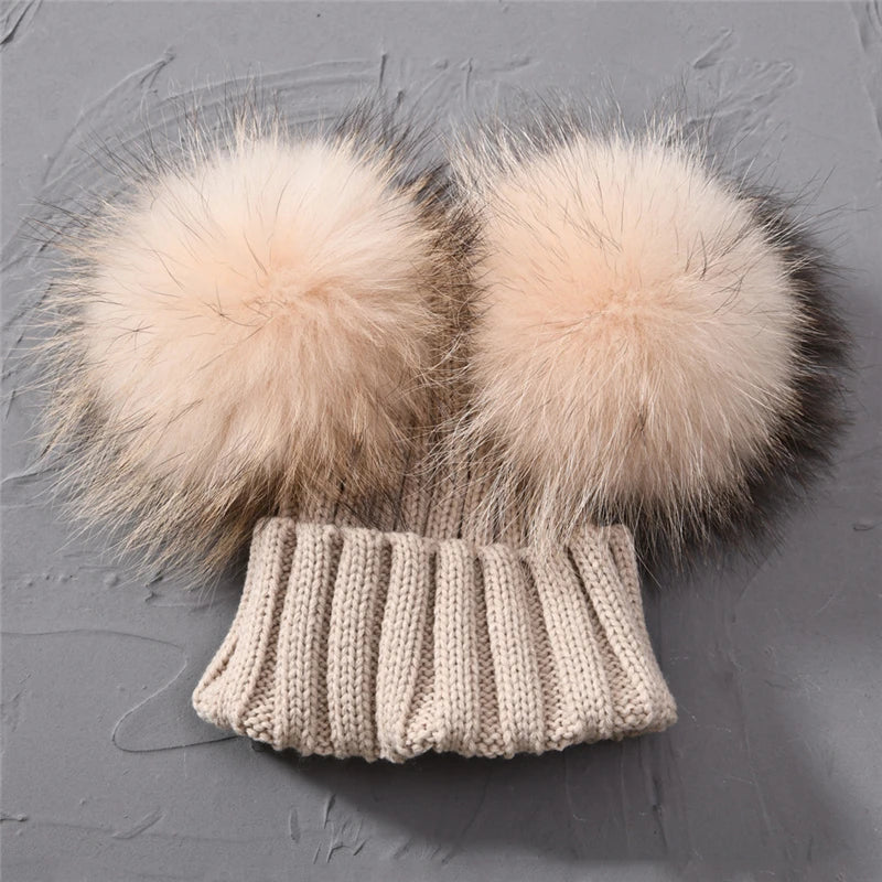 Gorro de punto para bebé de invierno con dos pompones de piel, gorro con bolas de piel natural para niños y niñas, gorro infantil con doble pompón de piel real