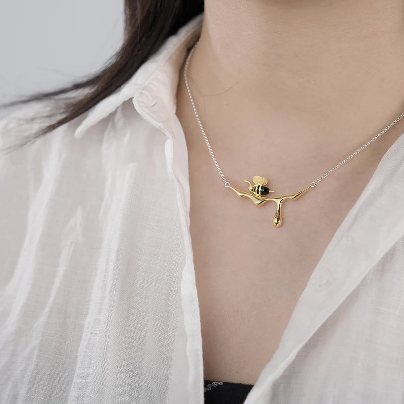 Lotus Fun 18K guld bi- och honungsdroppe-halsband, äkta 925 sterlingsilver, handgjorda lyxiga designersmycken för kvinnor