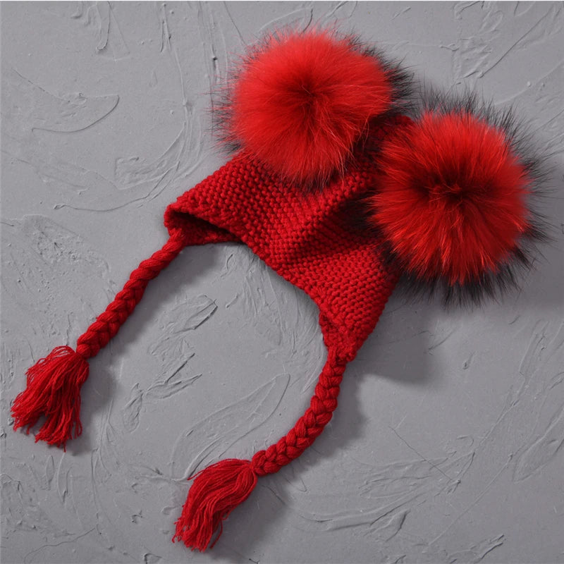 Kids Real Fur Pom Pom Hat Baby Winter Crochet Earflap Hat Girls Boys Knitted Beanie Double Two Real Fur Pompom Hat for Children