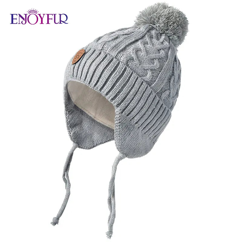 ENJOYFUR Warm Winter Baby Knitted Hats Real Fur Pompom Fleece Lined Boy Caps Cute Thick Kids Elastic Earflap Outdoor Ski Beanies