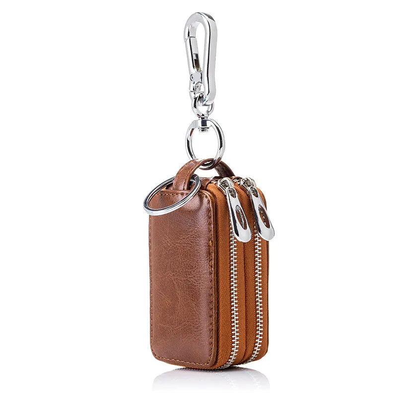 Estuche para llaves de coche y casa de auténtica piel de vaca, cartera mini con cremallera de doble bolsillo, color amarillo tierra, tarjetero con bolsillo transparente para hombre y mujer