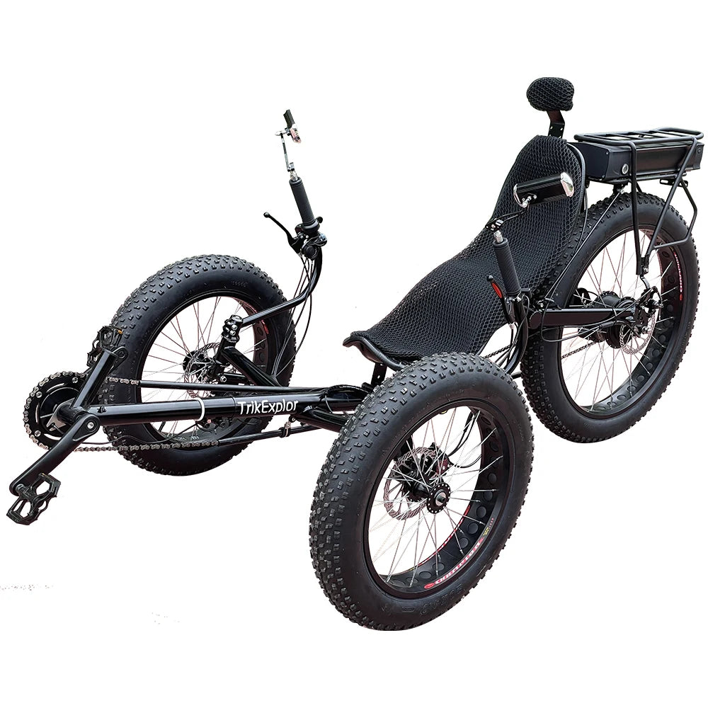 Triciclo reclinado eléctrico compacto de 3 ruedas, 500W, con neumáticos anchos, batería de litio, freno de disco y cuadro de acero