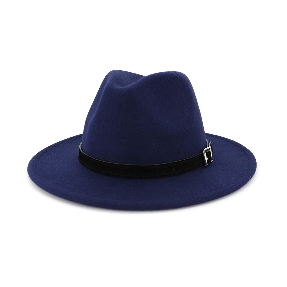 QBHAT Men Women Wide Brim Wool Felt Fedora Panama Hat With Belt Buckle Jazz Trilby Cap Party Formal Top Hat in White,black