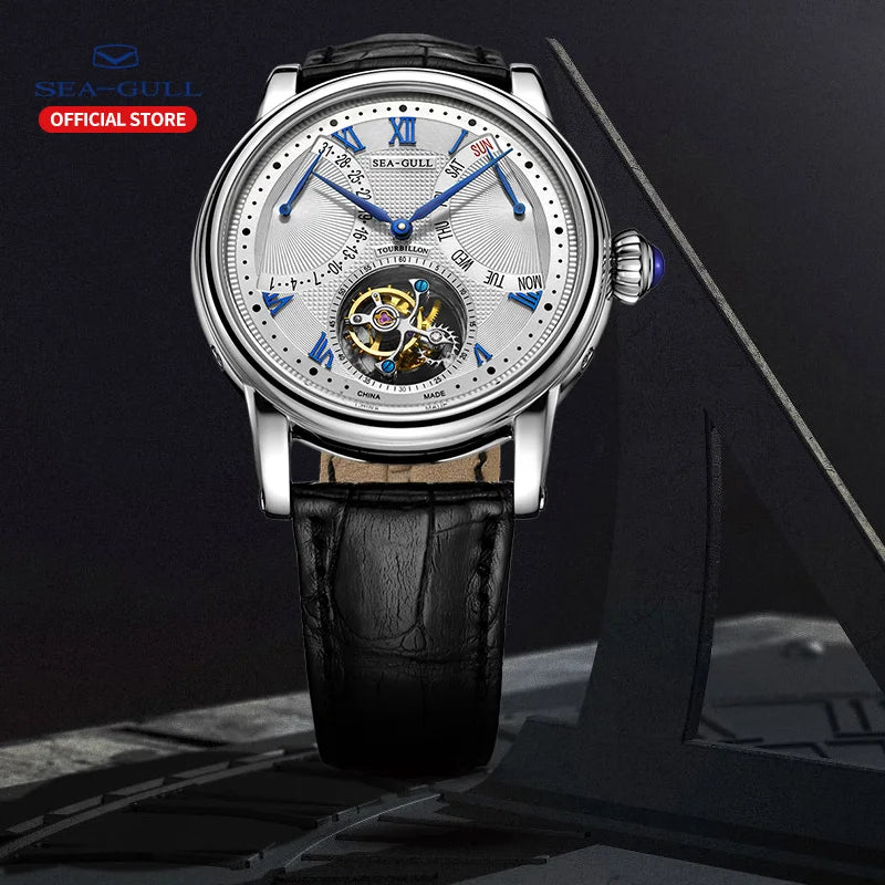 Męski zegarek automatyczny Seagull z mechanizmem tourbillon, wielofunkcyjny, szafirowe szkło, kalendarz, luksusowy zegarek na rękę ST8004ZS