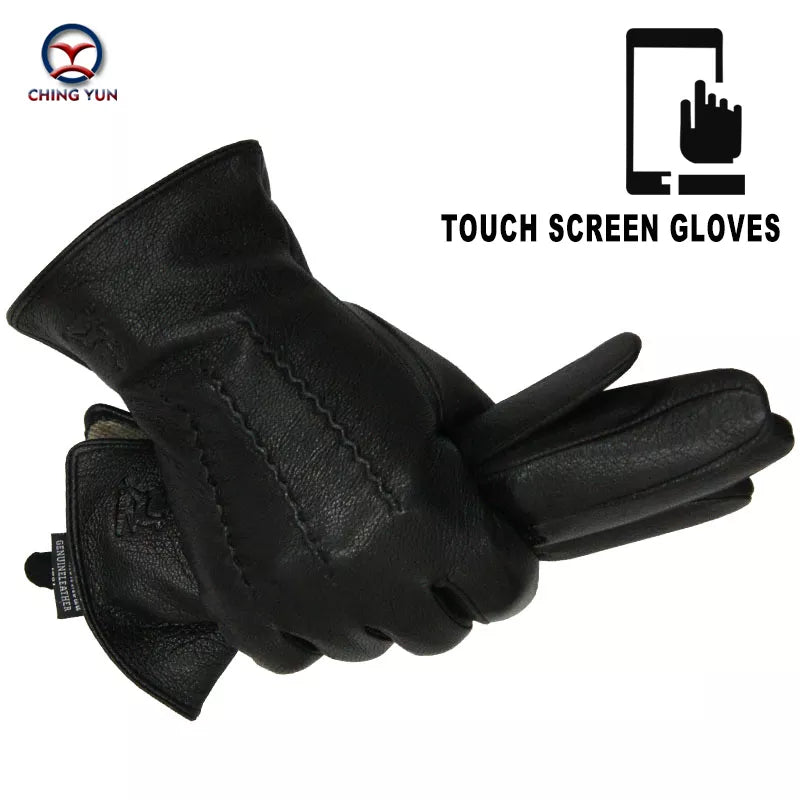 Winter Men Deer Skin Leather Gloves Male Warm Soft Black Sewing Design Men Mittens Imitate Rabbit Hair 70% Wool Lining-07