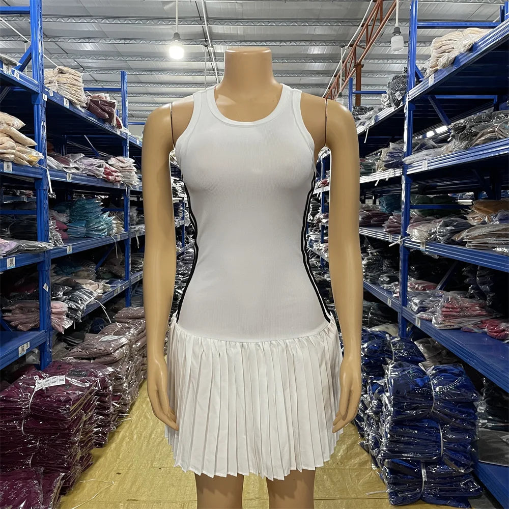 Sleeveless Mini Dress with Ribbed Texture and Pleated Skirt for Women