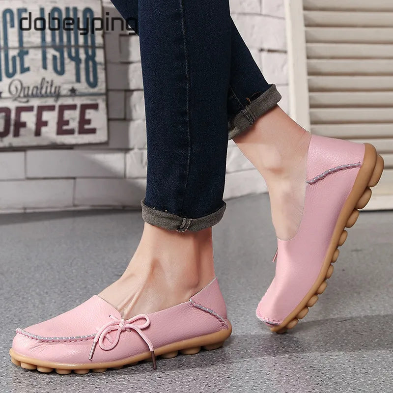 New Moccasins Women Flats 2026 Autumn Woman Loafers Genuine Leather Female Shoes Slip on Ballet Bowtie Women's Shoe Size 35-44
