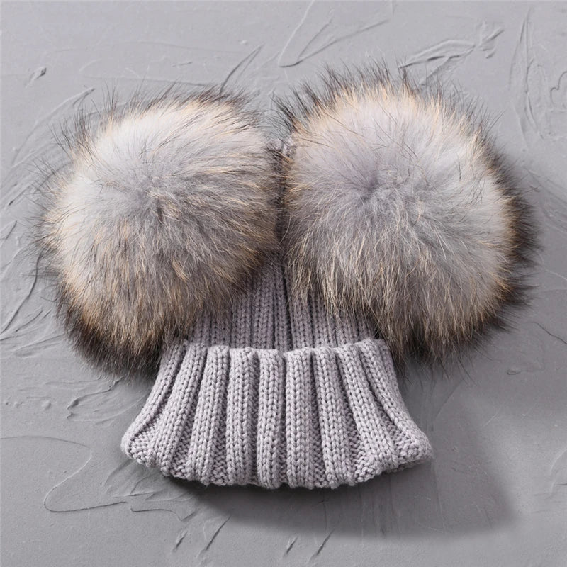 Winter Baby Knit Hat With Two Fur Pompoms Boy Girls Natural Fur Ball Beanie Kids Caps Double Real Fur Pom Pom Hat for Children