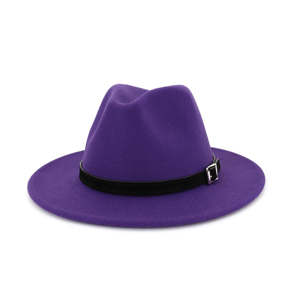 QBHAT Men Women Wide Brim Wool Felt Fedora Panama Hat With Belt Buckle Jazz Trilby Cap Party Formal Top Hat in White,black