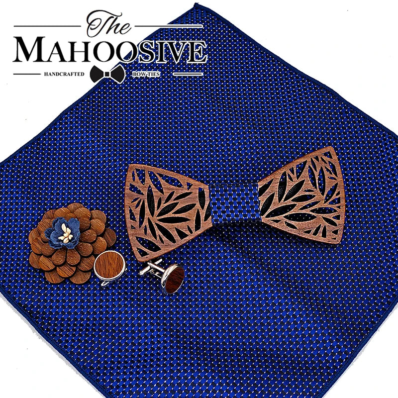 Wooden Bow Tie Handkerchief Set Men's Plaid Bowtie Wood Hollow Carved Cut Out Floral Design and Box Fashion Novelty Men Ties