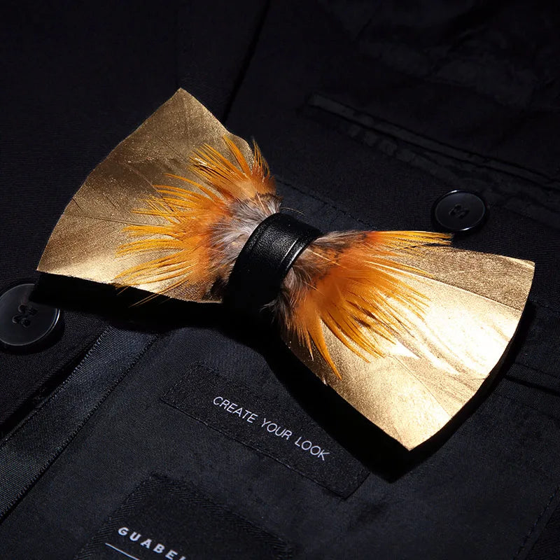 KAMBERFT Designer Brand Handmade Feather and Leather Pre-Tied Bow Tie for Men Wedding Party Best Gift Cravate