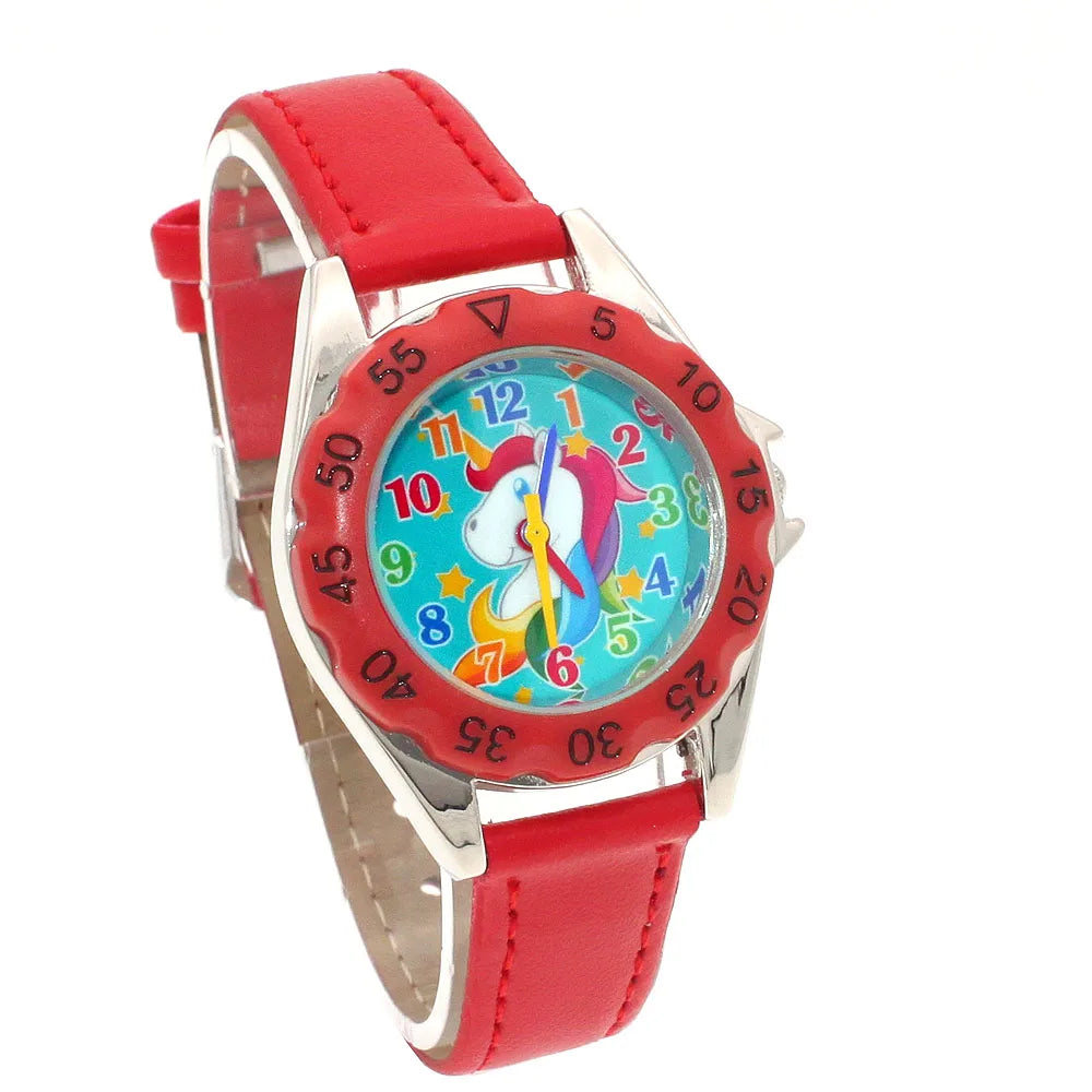 Reloj de pulsera de cuero con diseño de unicornio para niños y niñas, reloj informal de moda para aprender la hora